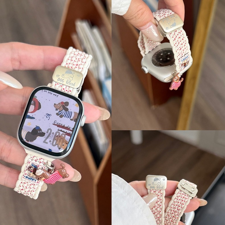 Narukvica za Apple Watch s privjescima mačak i štene, najlon pletena, crtani motiv, magnetska kopča, S11
