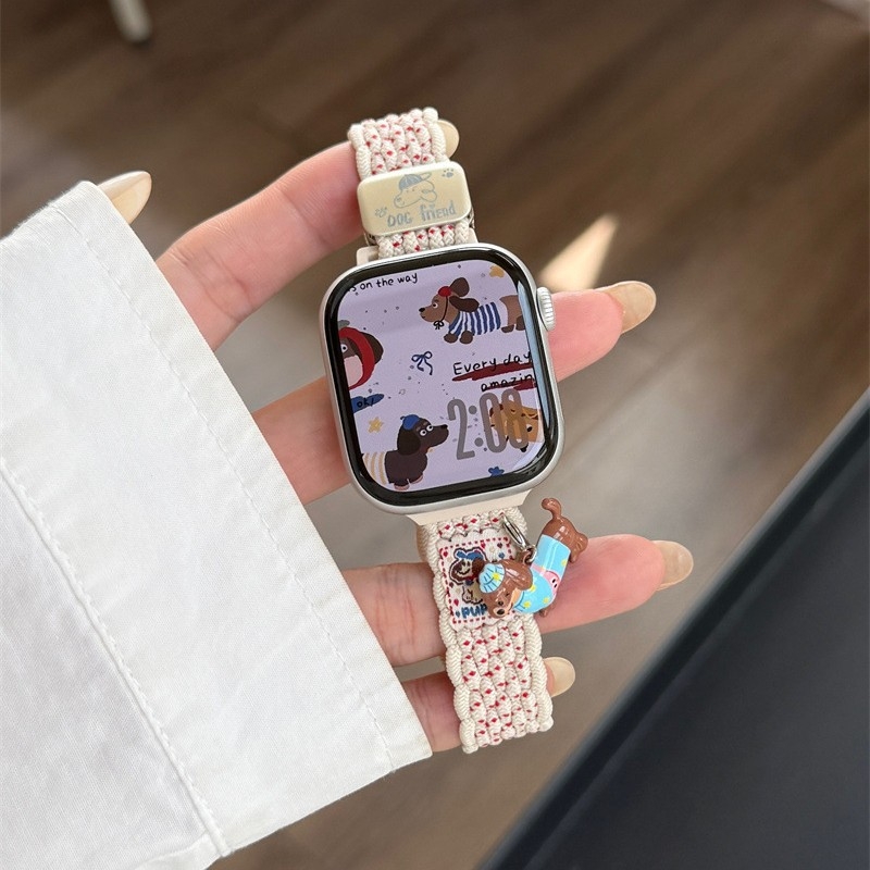 Narukvica za Apple Watch s privjescima mačak i štene, najlon pletena, crtani motiv, magnetska kopča, S11