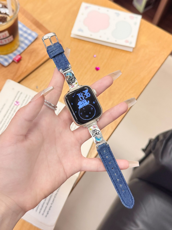 Denim narukvica za Apple Watch s motivom mačića i šteneta, 14 mm, kopča s iglom