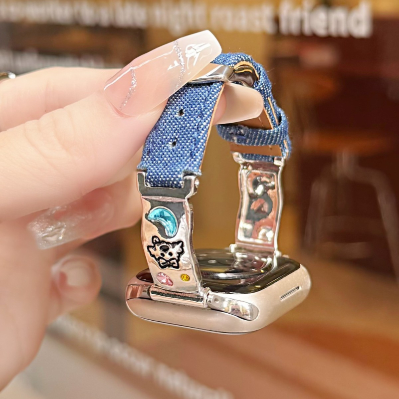 Denim narukvica za Apple Watch s motivom mačića i šteneta, 14 mm, kopča s iglom