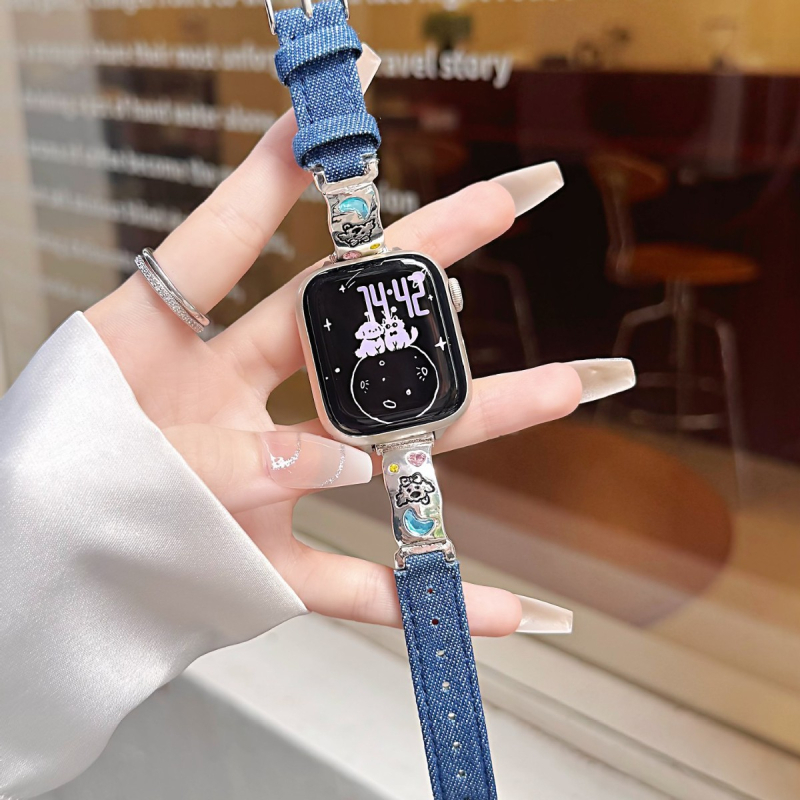 Denim narukvica za Apple Watch s motivom mačića i šteneta, 14 mm, kopča s iglom