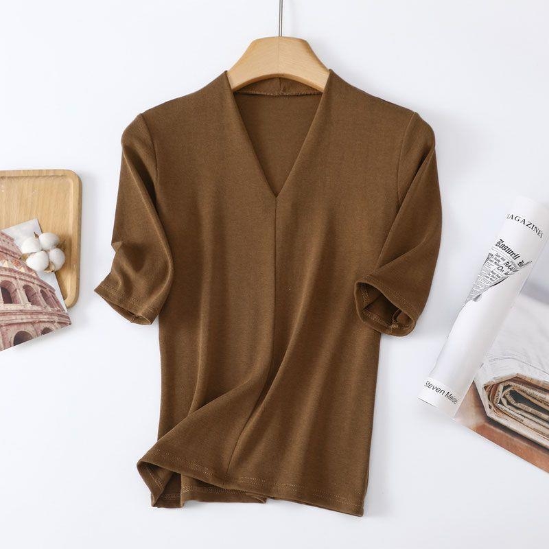 Дамска тениска с V-образно деколте и подплата от флис, 3/4 ръкав, топла базова дреха за пролет и лято, нов модел 2025