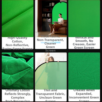 Dvojstranný skladací pozadie panel so zelenou látkou pre portrétovú fotografiu a videá; jedna strana zelená, druhá modrá; rozmery 50 cm, rozšírenie 100×150 cm; materiál: polyester-bavlna.