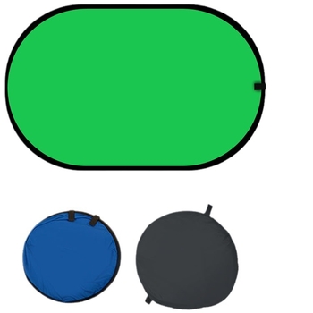 Panou de fundal pliabil dublu fațetat cu țesătură verde pentru fotografii portret și filmări; față dublă cu ecran verde și fundal albastru; dimensiune 50 cm, extensie 100×150 cm; material poliester-bumbac.