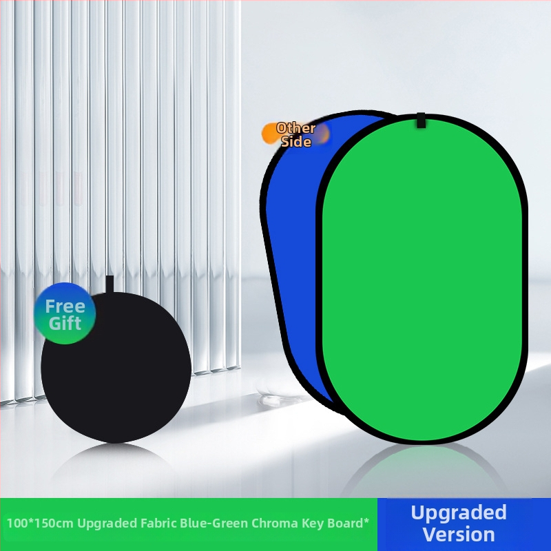 Dvojstranný skladací pozadie panel so zelenou látkou pre portrétovú fotografiu a videá; jedna strana zelená, druhá modrá; rozmery 50 cm, rozšírenie 100×150 cm; materiál: polyester-bavlna.