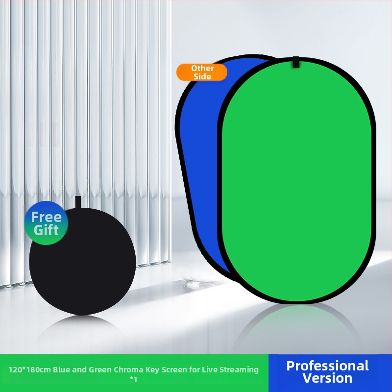 Dvojstranný skladací pozadie panel so zelenou látkou pre portrétovú fotografiu a videá; jedna strana zelená, druhá modrá; rozmery 50 cm, rozšírenie 100×150 cm; materiál: polyester-bavlna.