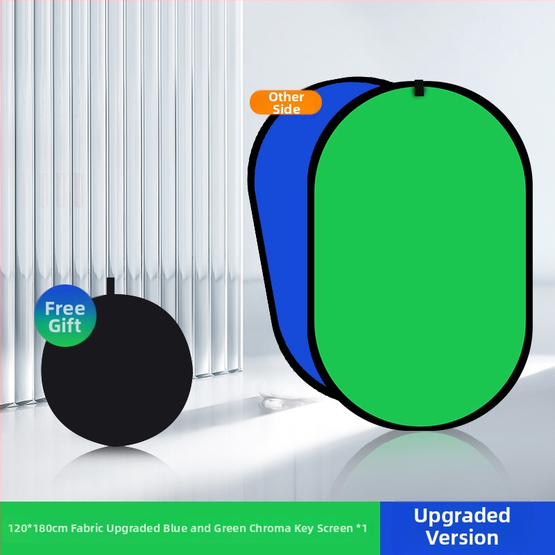 Dvojstranný skladací pozadie panel so zelenou látkou pre portrétovú fotografiu a videá; jedna strana zelená, druhá modrá; rozmery 50 cm, rozšírenie 100×150 cm; materiál: polyester-bavlna.