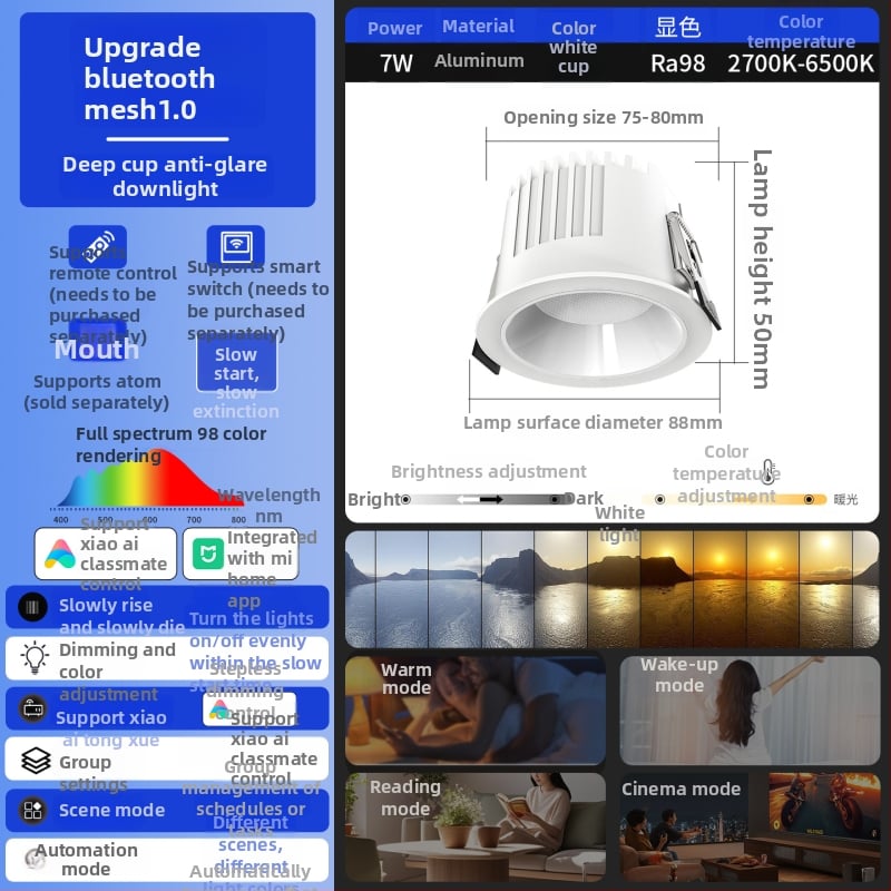 Έξυπνο ενσωματωμένο LED downlight με βαθύ κύπελλο και αντι-ανάκλαση, φωνητικό έλεγχο και απεριόριστο ρυθμό φωτισμού για σαλόνι
