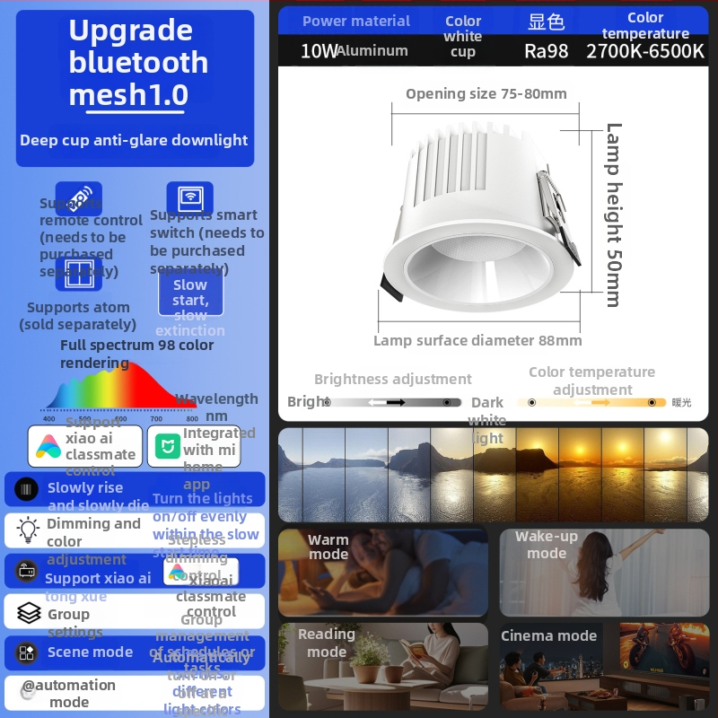 Έξυπνο ενσωματωμένο LED downlight με βαθύ κύπελλο και αντι-ανάκλαση, φωνητικό έλεγχο και απεριόριστο ρυθμό φωτισμού για σαλόνι