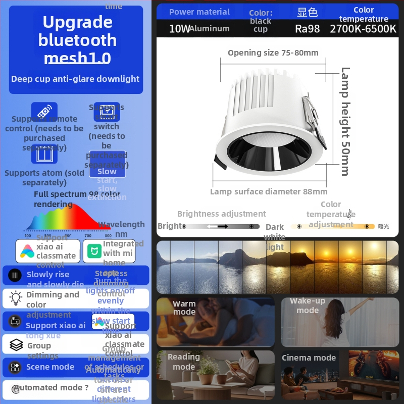 Έξυπνο ενσωματωμένο LED downlight με βαθύ κύπελλο και αντι-ανάκλαση, φωνητικό έλεγχο και απεριόριστο ρυθμό φωτισμού για σαλόνι