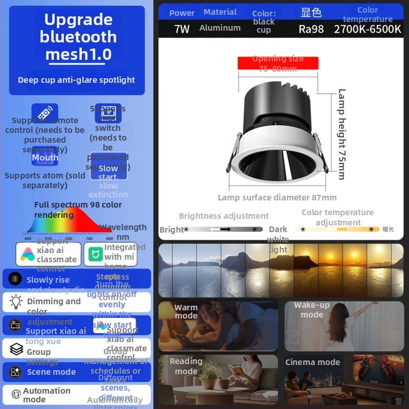 Έξυπνο ενσωματωμένο LED downlight με βαθύ κύπελλο και αντι-ανάκλαση, φωνητικό έλεγχο και απεριόριστο ρυθμό φωτισμού για σαλόνι