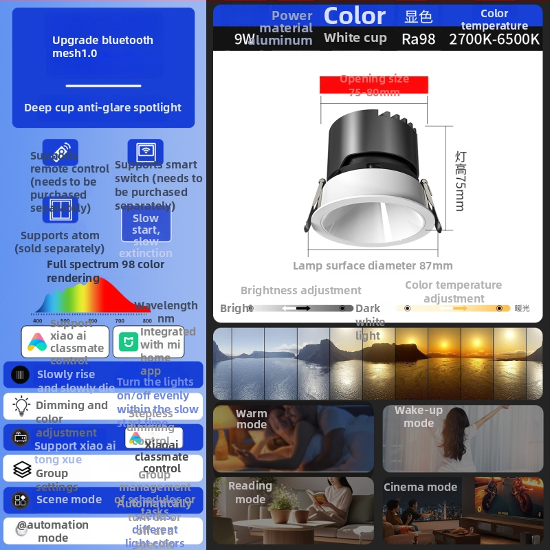 Έξυπνο ενσωματωμένο LED downlight με βαθύ κύπελλο και αντι-ανάκλαση, φωνητικό έλεγχο και απεριόριστο ρυθμό φωτισμού για σαλόνι