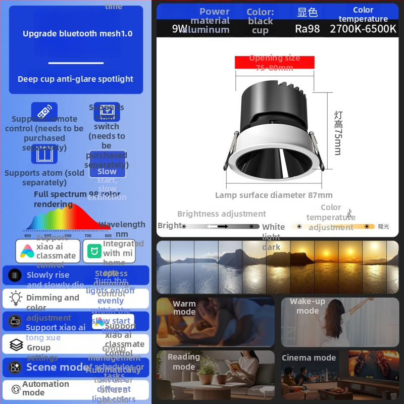 Έξυπνο ενσωματωμένο LED downlight με βαθύ κύπελλο και αντι-ανάκλαση, φωνητικό έλεγχο και απεριόριστο ρυθμό φωτισμού για σαλόνι