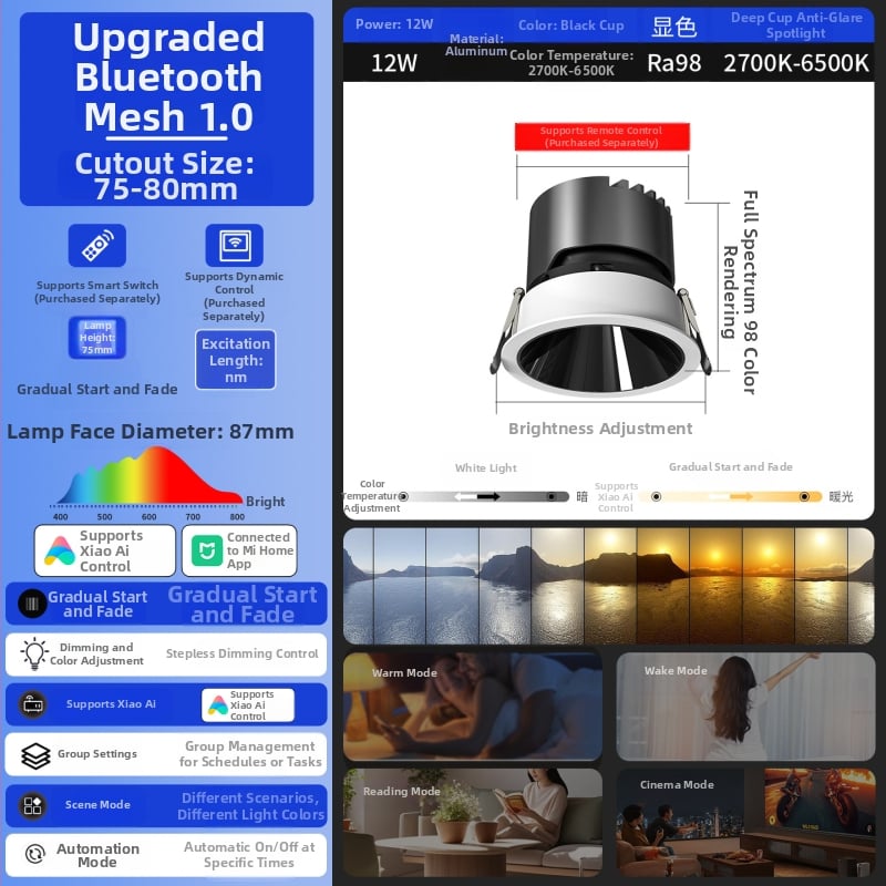 Έξυπνο ενσωματωμένο LED downlight με βαθύ κύπελλο και αντι-ανάκλαση, φωνητικό έλεγχο και απεριόριστο ρυθμό φωτισμού για σαλόνι