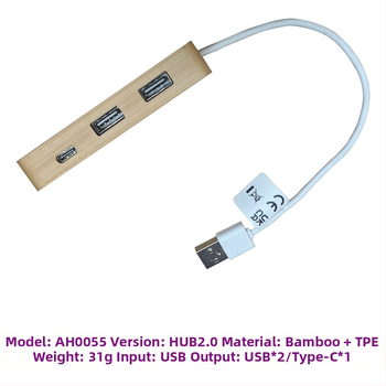 Type-C rozširovacia stanica z bambusu - USB 4-portový hub, vstup 1, výstup 4