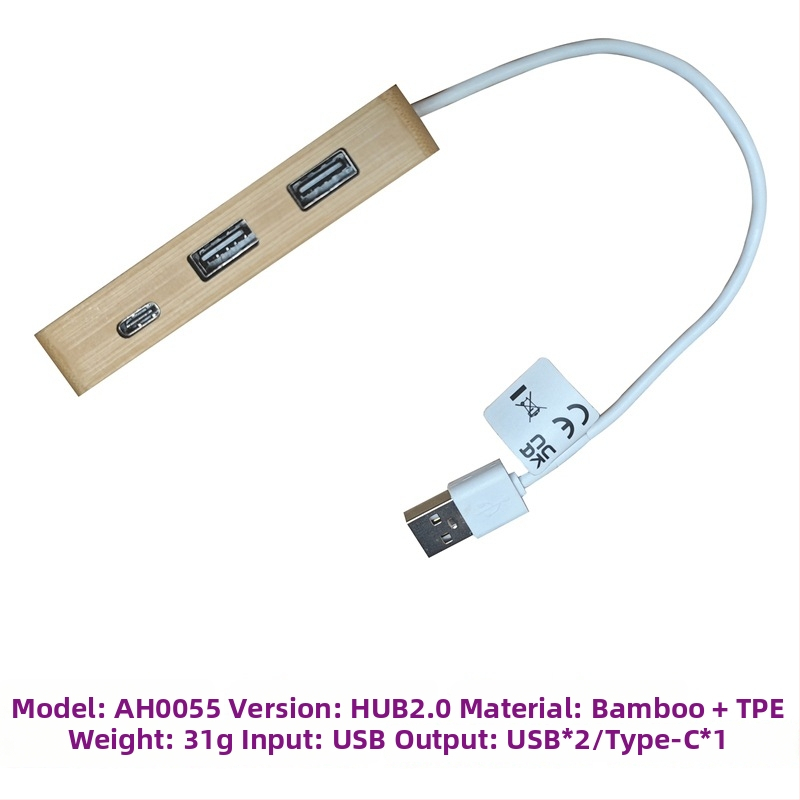 Type-C rozširovacia stanica z bambusu - USB 4-portový hub, vstup 1, výstup 4