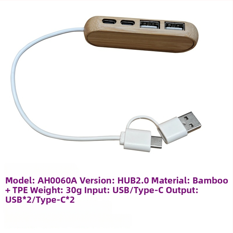 Type-C rozširovacia stanica z bambusu - USB 4-portový hub, vstup 1, výstup 4