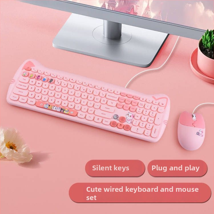 Sada káblovej klávesnice a myši Milk Tea farby, štýlová tichá myš Kitty