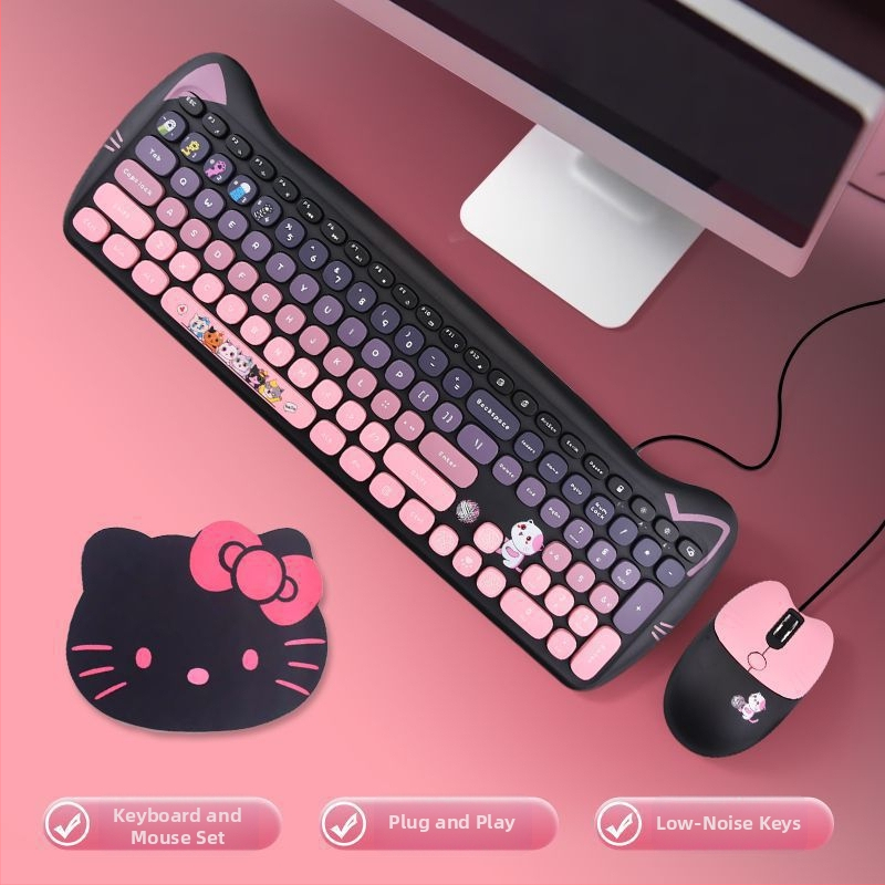 Sada káblovej klávesnice a myši Milk Tea farby, štýlová tichá myš Kitty