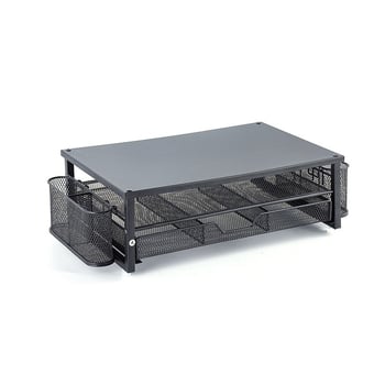 Suport de birou pentru calculator cu plasă metalică, raft înălțat cu sertare și suport pentru monitor