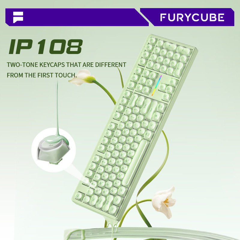 Furycube IP108 tastatură membrană cu trei moduri: wireless, Bluetooth și cablată, pentru gaming și birou, design elegant, iluminare RGB