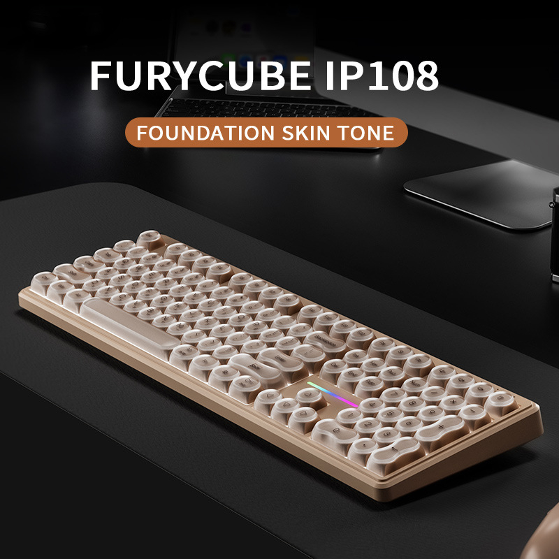 Furycube IP108 tastatură membrană cu trei moduri: wireless, Bluetooth și cablată, pentru gaming și birou, design elegant, iluminare RGB