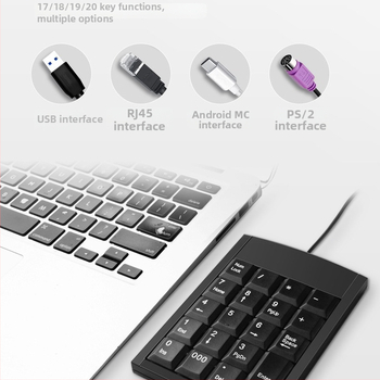 USB numerická klávesnica, keypad s 17/18/19/20 tlačidlami, ergonomický dizajn, PS/2 kompatibilný, 3500 DPI, kompaktné rozmery 128×88×13 mm, kábel 1.25 m