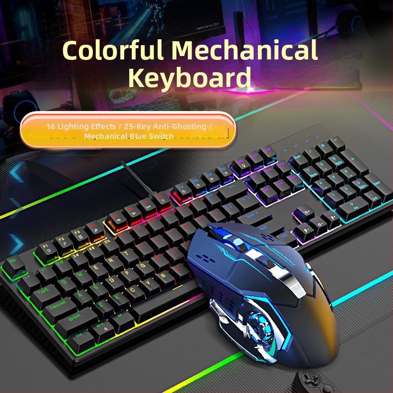 Drôtová mechanická klávesnica s RGB podsvietením, modrý spínač, 104 kláves, na hry a do kancelárie