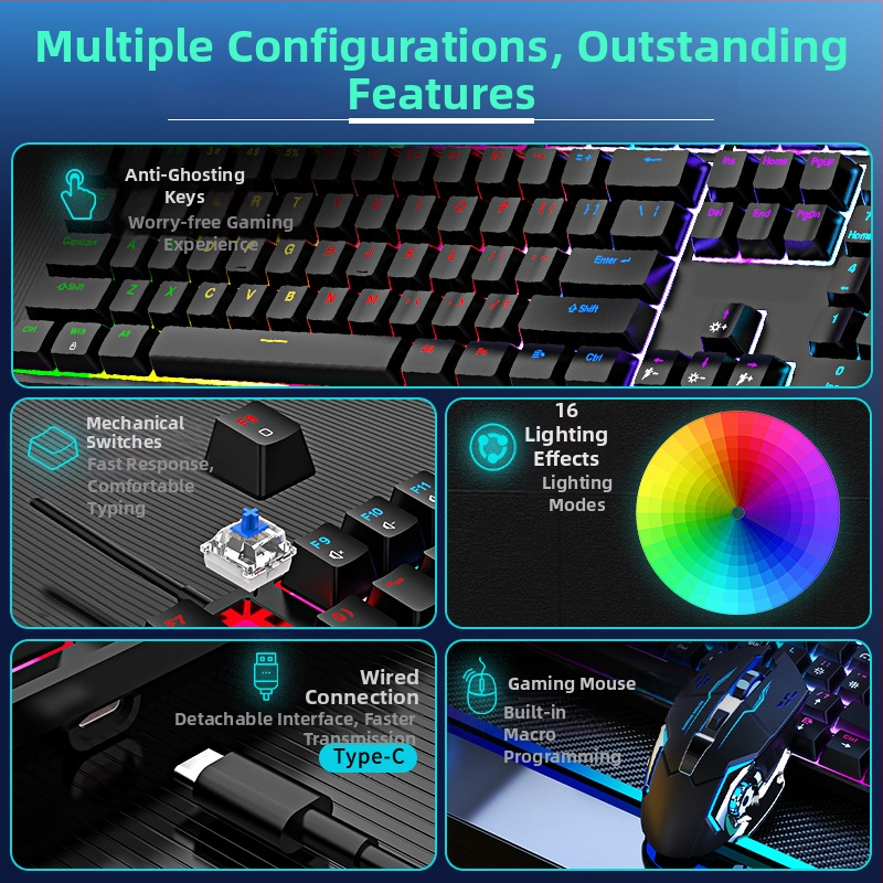 Drôtová mechanická klávesnica s RGB podsvietením, modrý spínač, 104 kláves, na hry a do kancelárie