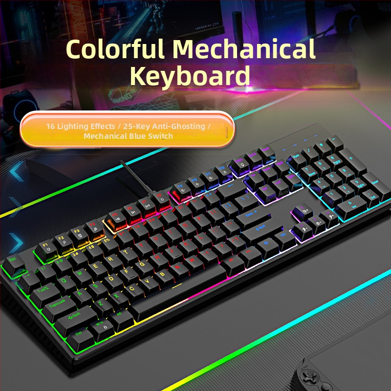 Drôtová mechanická klávesnica s RGB podsvietením, modrý spínač, 104 kláves, na hry a do kancelárie