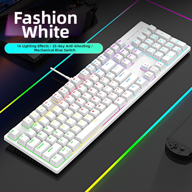 Drôtová mechanická klávesnica s RGB podsvietením, modrý spínač, 104 kláves, na hry a do kancelárie