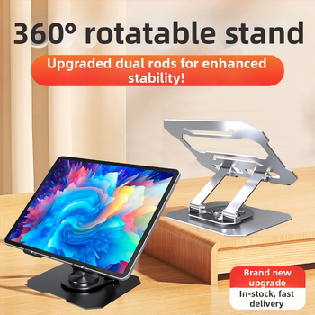 Kovový stolný držiak pre tablety a telefóny, otočný o 360°, skladací a nastaviteľný.