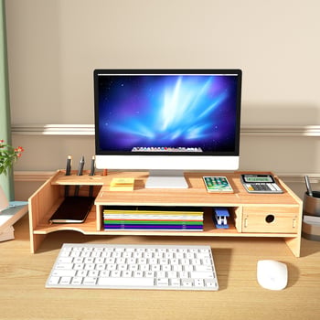 Ridicător de monitor din lemn, cu două niveluri, organizator de birou pentru laptop și tastatură
