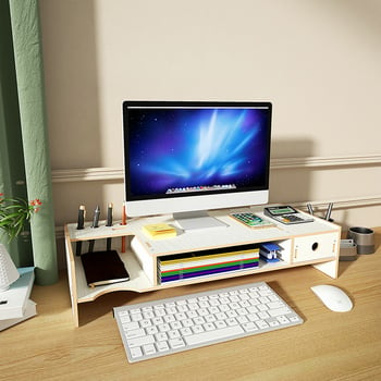 Ridicător de monitor din lemn, cu două niveluri, organizator de birou pentru laptop și tastatură