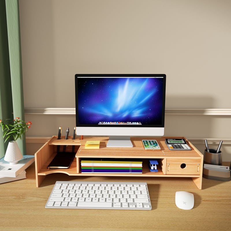 Ridicător de monitor din lemn, cu două niveluri, organizator de birou pentru laptop și tastatură