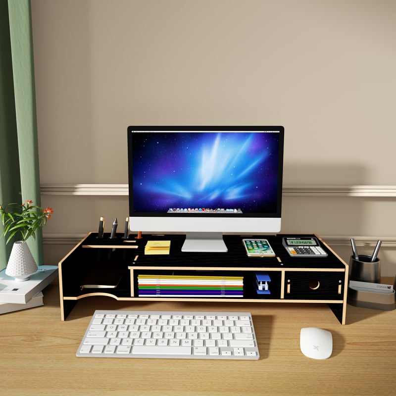 Ridicător de monitor din lemn, cu două niveluri, organizator de birou pentru laptop și tastatură