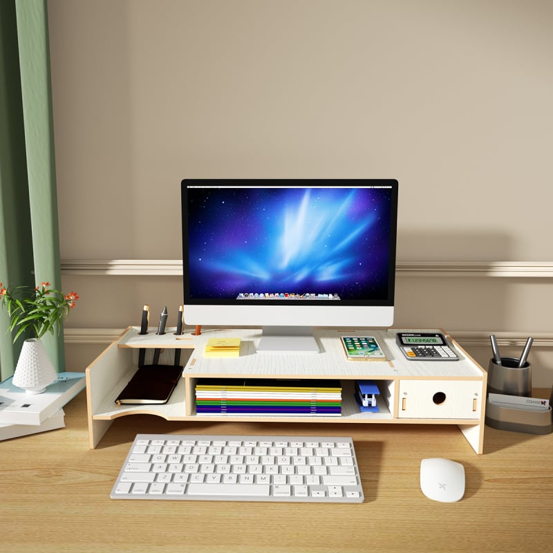 Ridicător de monitor din lemn, cu două niveluri, organizator de birou pentru laptop și tastatură
