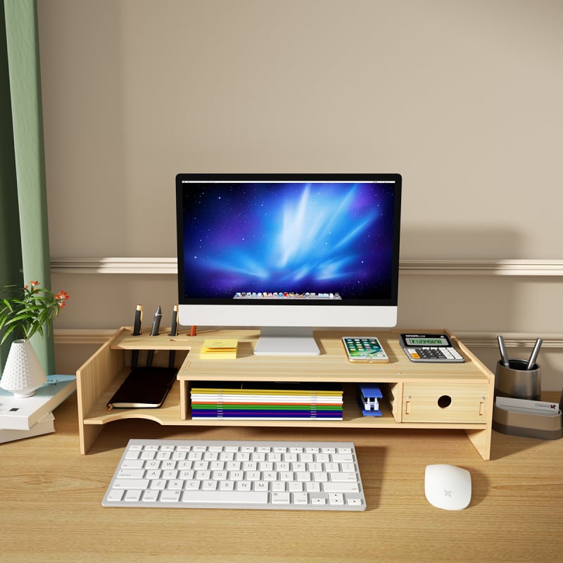 Ridicător de monitor din lemn, cu două niveluri, organizator de birou pentru laptop și tastatură