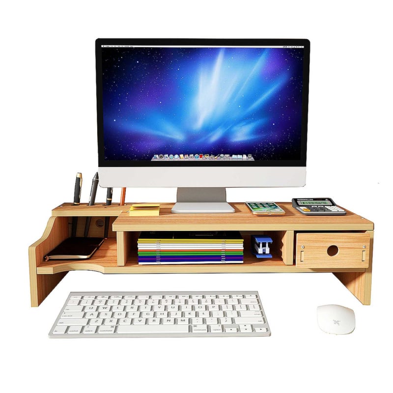 Ridicător de monitor din lemn, cu două niveluri, organizator de birou pentru laptop și tastatură