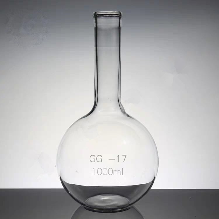 Стъклена колба с дълга шийка и кръгло дъно, 250 ml / 500 ml / 1000 ml, плоско дъно, от високо боросиликатно стъкло