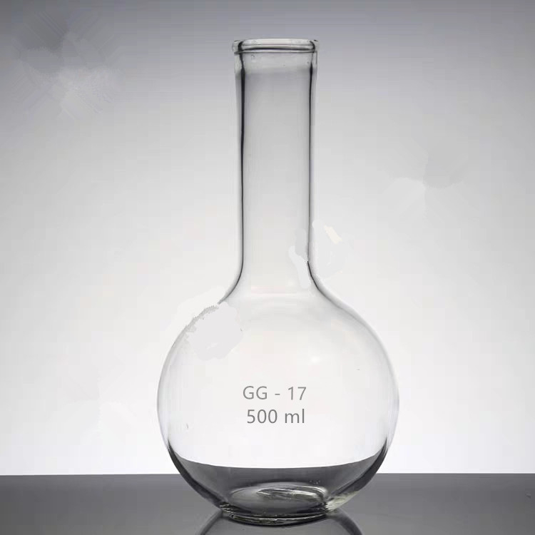 Стъклена колба с дълга шийка и кръгло дъно, 250 ml / 500 ml / 1000 ml, плоско дъно, от високо боросиликатно стъкло