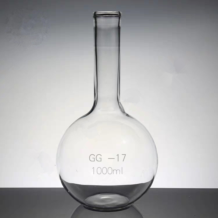 Стъклена колба с дълга шийка и кръгло дъно, 250 ml / 500 ml / 1000 ml, плоско дъно, от високо боросиликатно стъкло