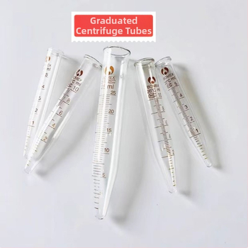 Sklenené graduované skúmavky so zátkou a centrifugačné skúmavky so zátkou, objemy 5 ml, 10 ml, 25 ml