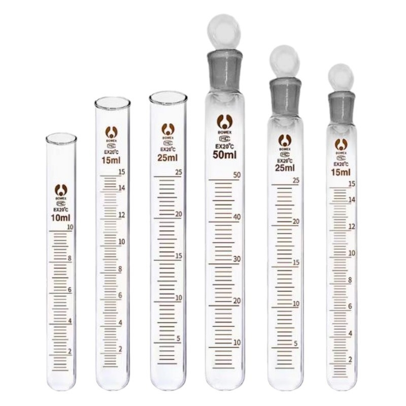 Üveg graduált próbatubák dugóval és centrifugálcsövek dugóval, 5 ml, 10 ml, 25 ml