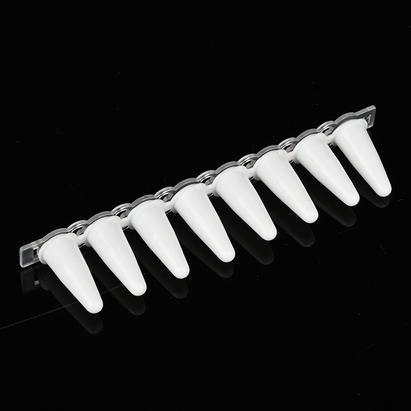 0,1 ml és 0,2 ml átlátszó porcelánfehér nyolcsövű centrifugáló csövek kupakkal qPCR-hez