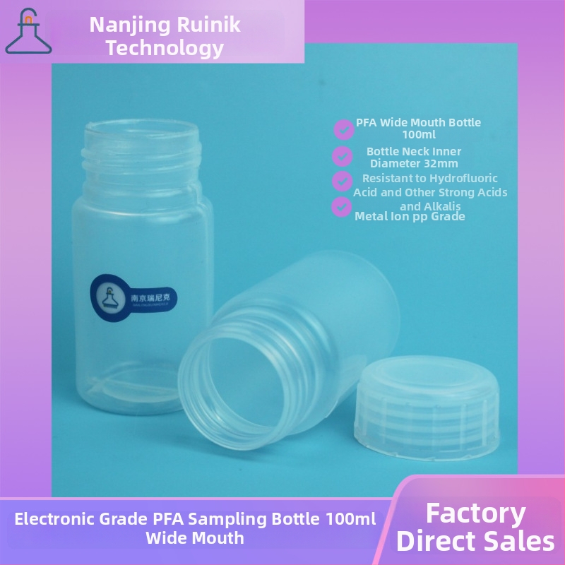 G4-ová trieda vzorkovacia fľaša fluorovodíkovej kyseliny, fľaša PFA so širokým hrdlom, 100 ml, PTFE reagentná fľaša pre polovodiče, elektronická kvalita