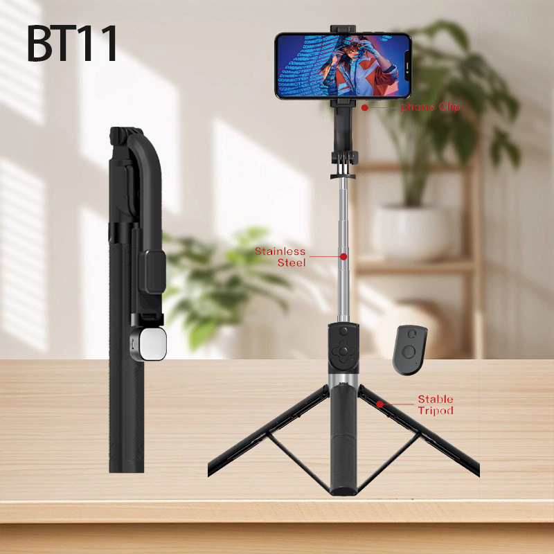 BT11 Bluetooth selfie stick με τρίποδο δαπέδου 1,7 μ για smartphones — πολυλειτουργικό τηλεχειριστήριο, αντι‑κραδασμός και φωτισμός