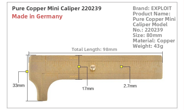 EXPLOIT vyrobené v Nemecku, vysoko presný meďový mini vernier kaliper, Wenwan kaliper, model 220239