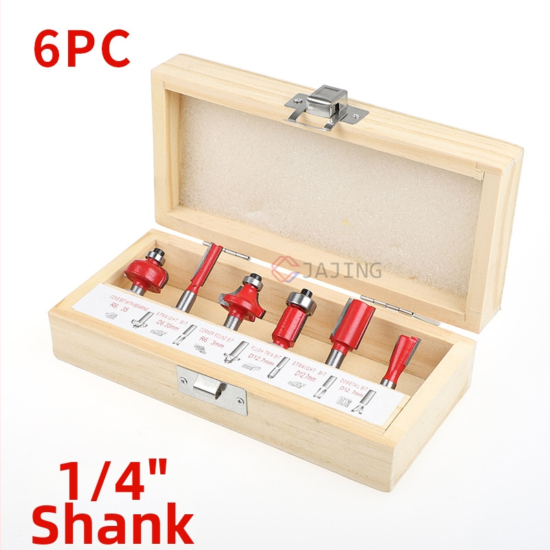 Šesťdielny súbor fréz pre drevo pre elektrické frézy, drážkovanie, gravírovanie a dokončovacie hrany, s 8 mm a 1/4" vretenom.