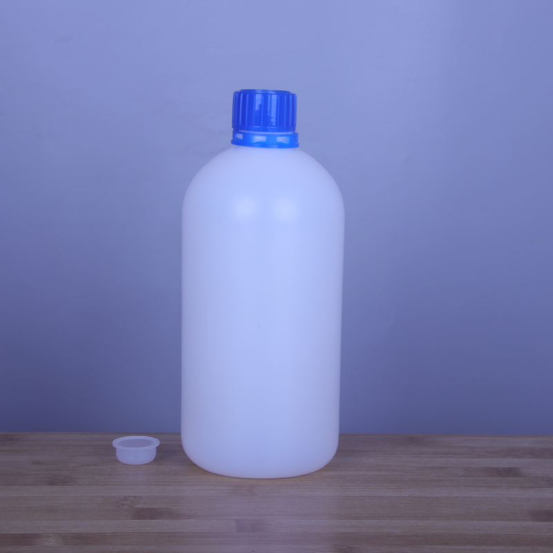 Kis nyílású műanyag reagensepalack, 500 ml vagy 1000 ml, lopás elleni kupakkal és belső dugóval